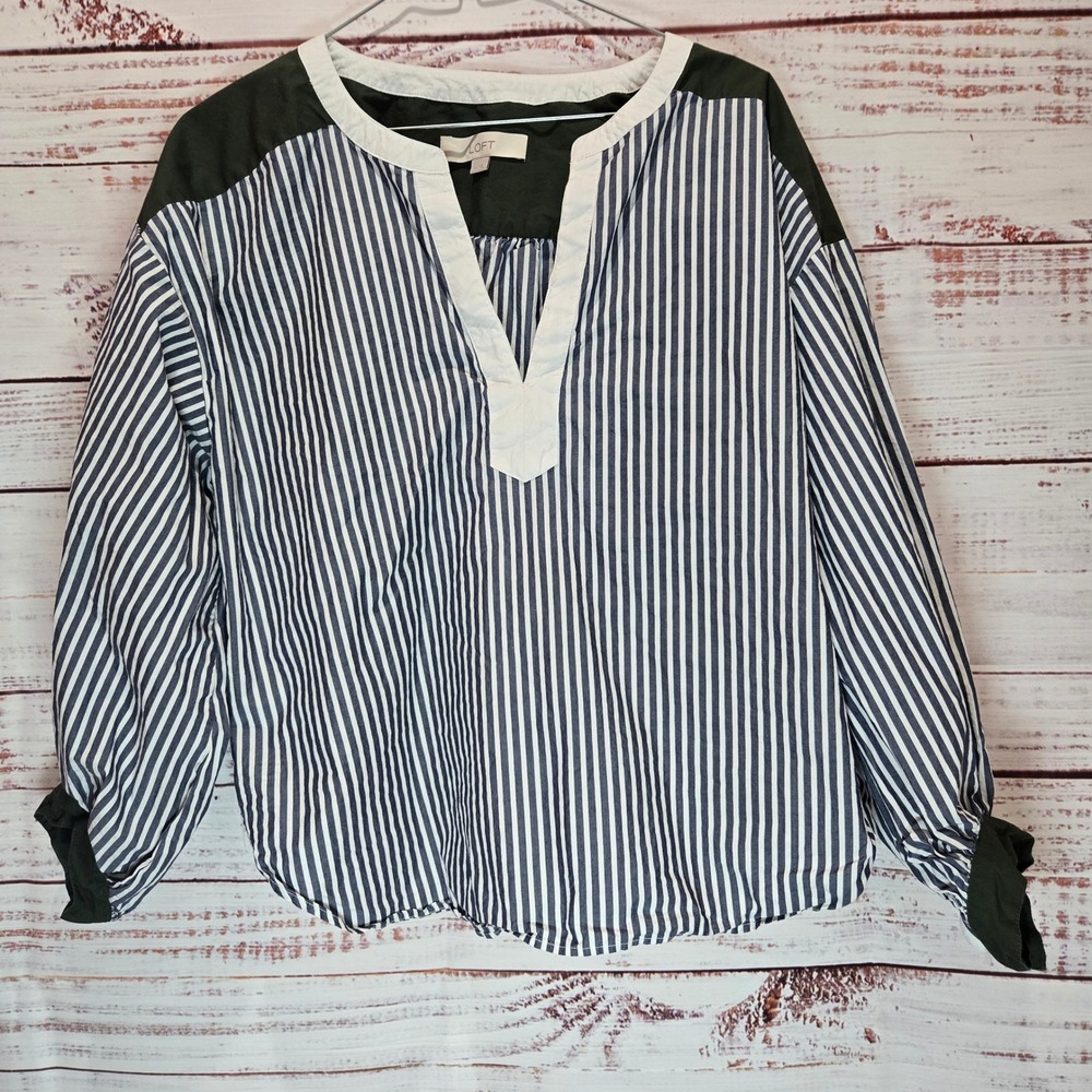 Loft Striped Shirt Women's Blue‎ White Green Women's Size Med 100% Cotton